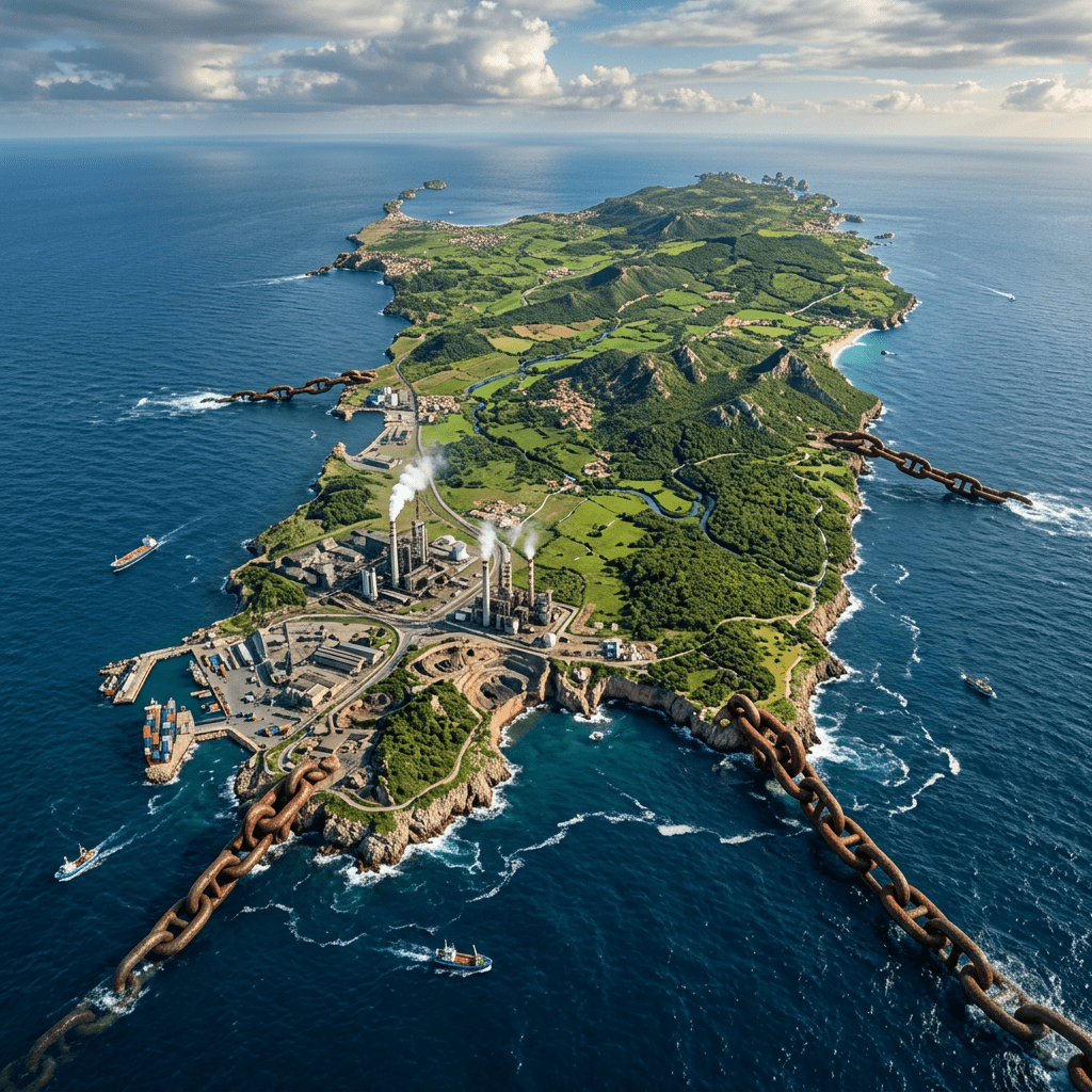 Island with industrial factories, greenery, and giant rusted chains linking it to the ocean