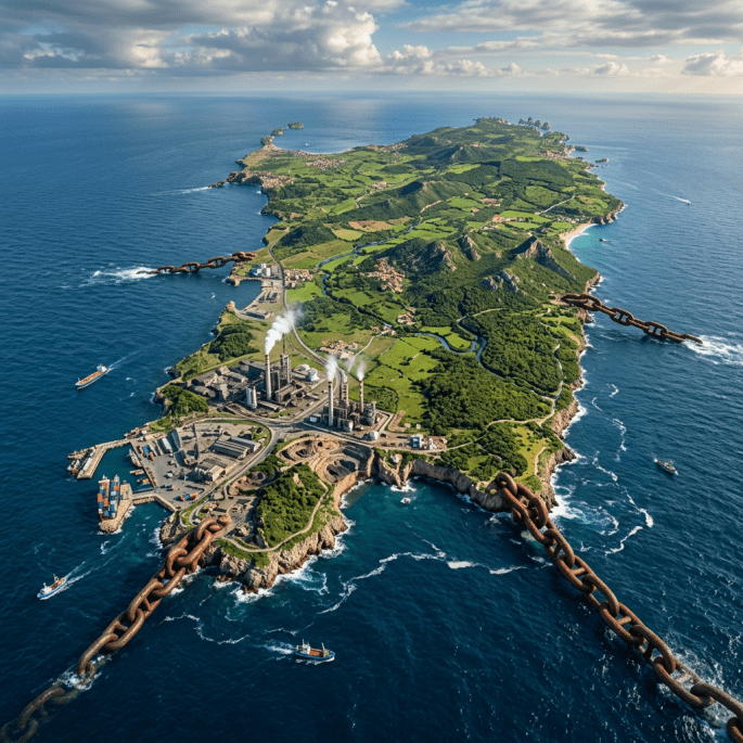 Island with industrial factories, greenery, and giant rusted chains linking it to the ocean