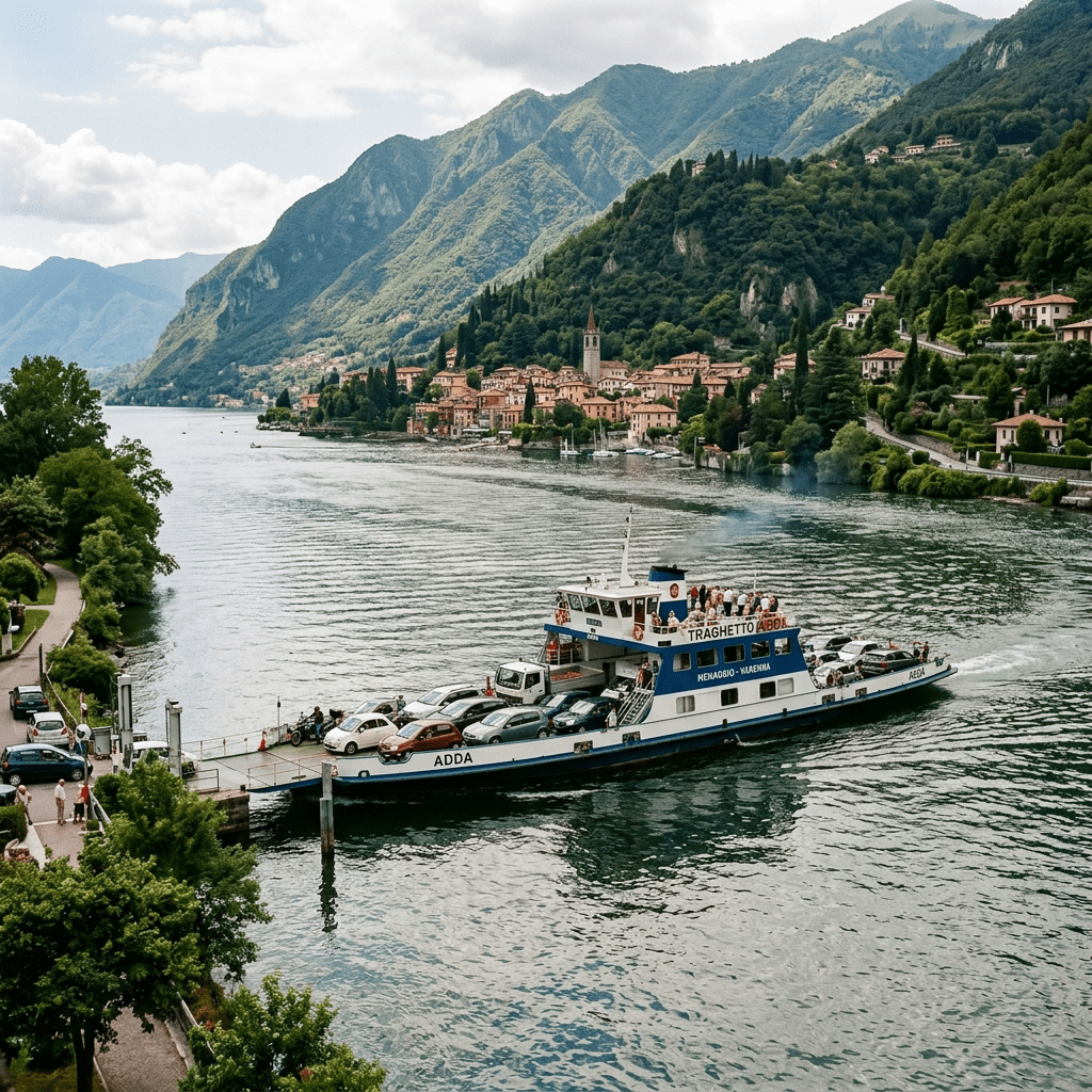 Ferry named ADDA transporting cars and people across a lake near a mountainous village