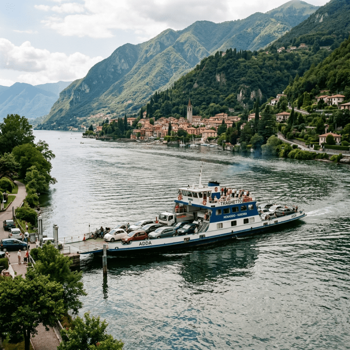 Ferry named ADDA transporting cars and people across a lake near a mountainous village