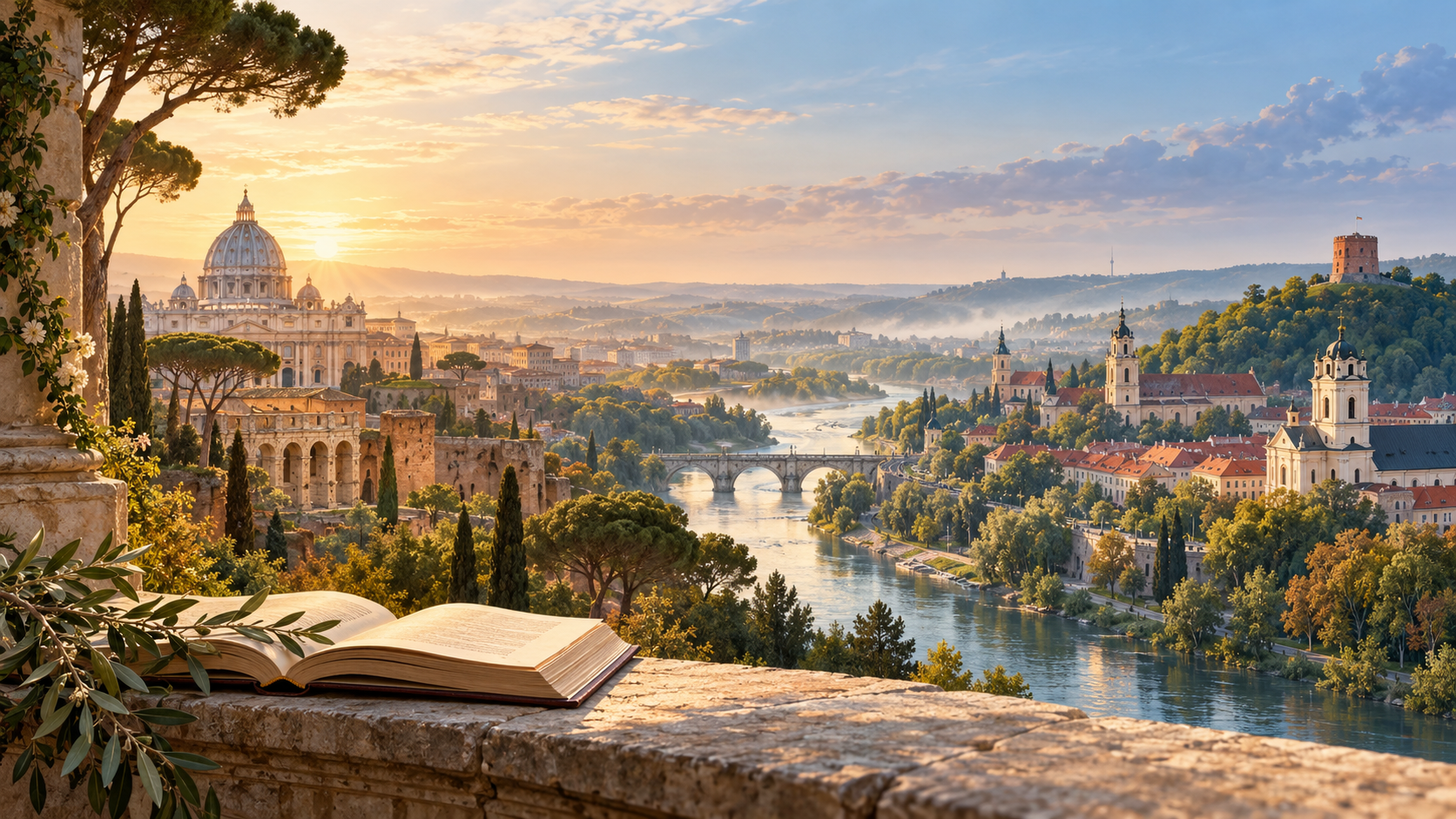 Symbolic panorama connecting Rome and Vilnius, with an open book representing research and cultural dialogue.